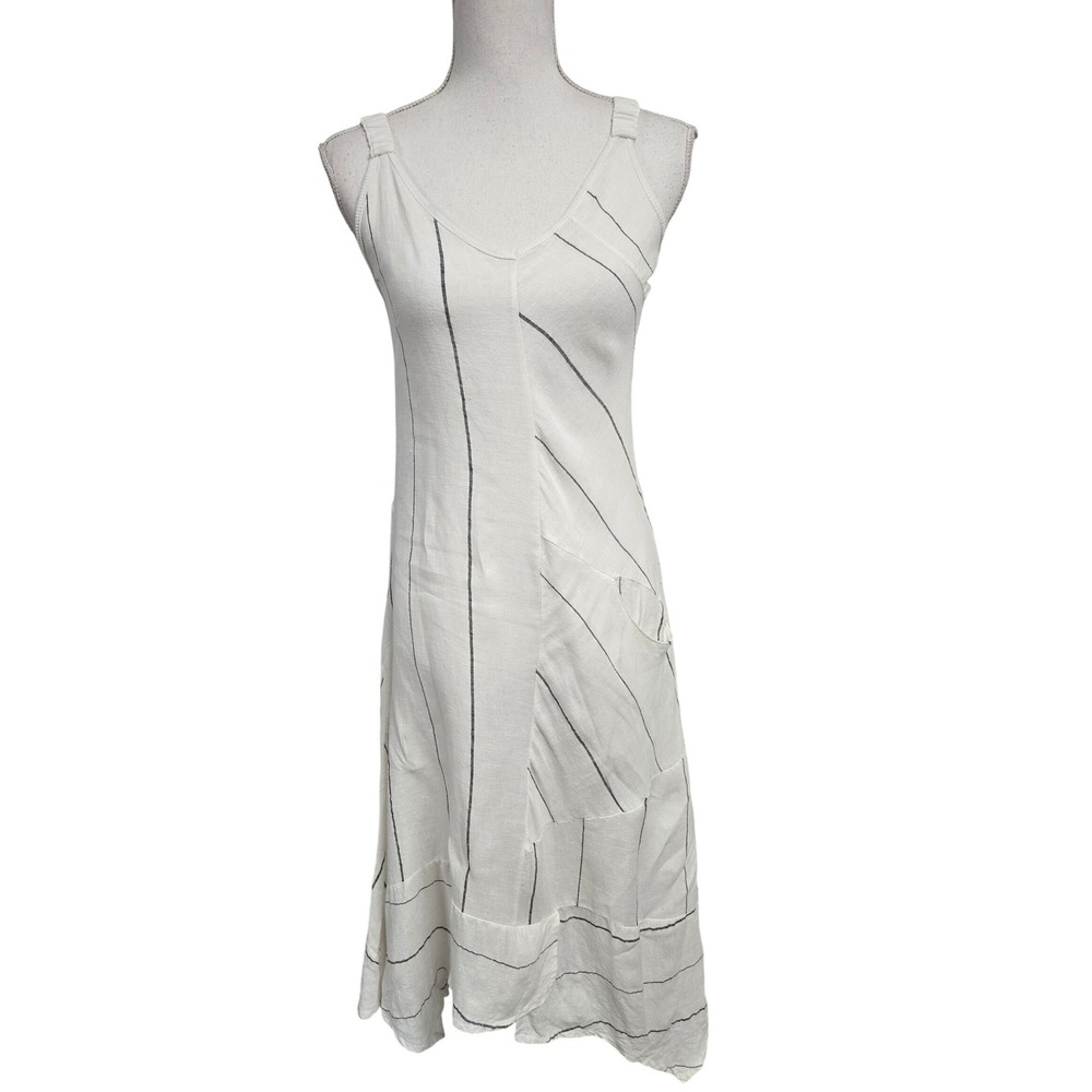 Inizio Made in Italy Linen Blend Striped Asymmetrical Midi Dress White Gray S